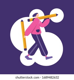 illustration of a man walking while carrying a pencil. illustration of a writer, freelance, journalist. flat design. Can be used for landing pages, templates, UI, web.