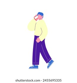 Illustration of a man walking while talking on a smartphone. Flat RGB vector isolated on white background.