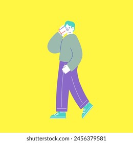 Ilustración de un hombre caminando mientras habla en un teléfono inteligente. Vector plano RGB aislado sobre fondo blanco.