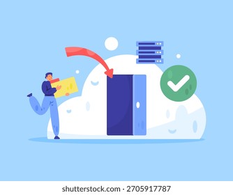 Ilustración de un hombre que quiere poner sus datos y archivos en una nube. Concepto de almacenamiento seguro en la nube. Servicios de almacenamiento de datos digitales en Internet. Tecnología. Diseño plano. Fondo azul.