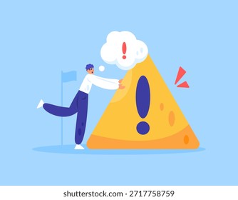 Ilustração de um homem com um símbolo de aviso. Obtendo um sinal de aviso. Conceito de gestão de riscos. Analisando, avaliando e controlando ameaças. Estilo de design plano. Fundo azul. Problema, problema, erro, alerta. Risco comercial.