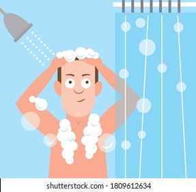 Illustration of man washing or bathing in shower and getting clean