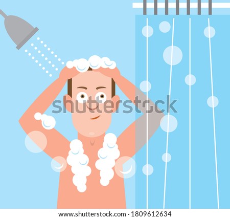 Illustration of man washing or bathing in shower and getting clean