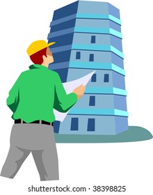 Illustration of man watching in the plan with construction site	