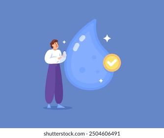 illustration of a man with water symbol. daily water needs are met. world water day. holding a bottle of drink. safe, clean, and fresh water. flat style concept design. graphic elements