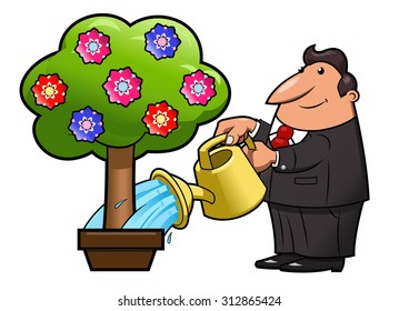 Illustration of the man watering the flower tree