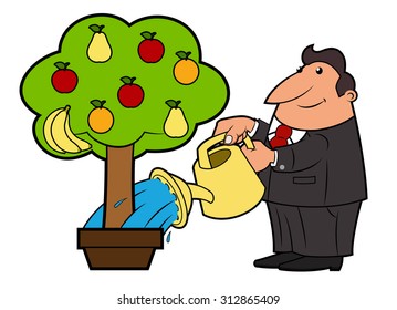 Illustration of the man watering the magic fruit tree