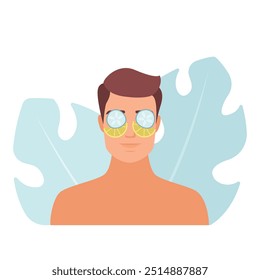 Illustration of a man waving after completing his skincare routine. Healthy skin vector concept.