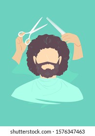 Illustration of a Man with Wavy Brown Hair, Beard and Mustache Getting Haircut from Hands Holding Scissors and Comb