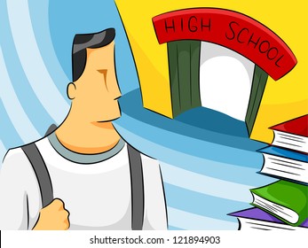 Illustration eines Mannes, der einen Rucksack in einer High School trägt