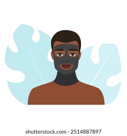 Illustration of a man wearing a black charcoal facial mask. Skincare treatment concept.