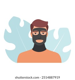 Illustration of a man wearing a black charcoal facial mask. Skincare treatment vector concept.