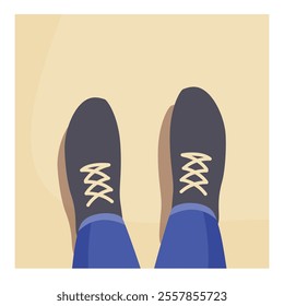 Illustration of a man wearing blue jeans and shoes standing on sand, top view