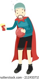 Illustration of Man Wearing Cape and Cap while Holding a Cup of Beer and Ball Playing Slosh Ball Drinking Game