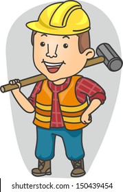 Illustration Of A Man Wearing Construction Gear Holding A Sledge Hammer