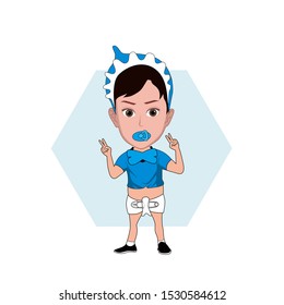 illustration of a man wearing a costume like a cute baby, child, complete with diapers and pacifiers. Vector cartoons that can be used for caricature or mascot templates.