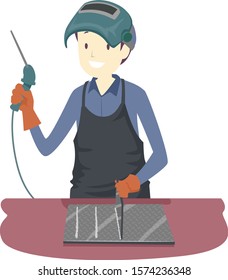 Illustration of a Man Wearing Face Mask and Holding Welding Machine and Joining Metals