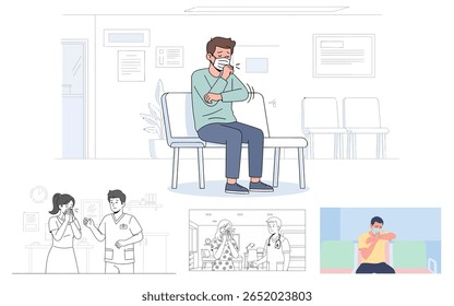 Ilustração de um homem usando uma máscara facial, tossindo em seu cotovelo enquanto está sentado em uma cadeira em um ambiente de sala de espera.