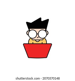 Illustration of a man wearing glasses and holding his laptop in front of him. Graphic designers, programmers, nerds, and others will enjoy it.