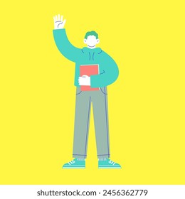 Illustration of a man wearing glasses holding a document and raising his hand in greeting. Flat RGB vector isolated on white background.