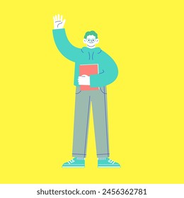 Ilustración de un hombre con gafas sosteniendo una lima y levantando la mano en saludo. Material de Vector RGB plano aislado sobre fondo blanco.