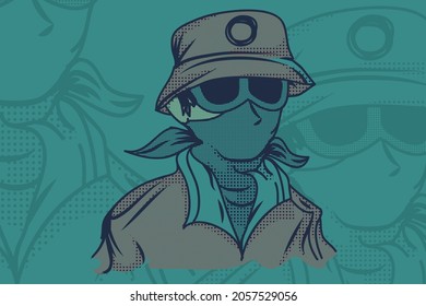 Illustration of a man wearing glasses and a mask with a bucket hat in turquoise green tones