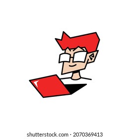 Ilustración de un hombre con gafas y usando una computadora portátil. Los diseñadores gráficos, programadores, nerds y otros lo disfrutarán.