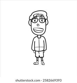 illustration of a man wearing glasses with a wide smile in a jacket, cartoon, black and white, good for your visual elements, vector format