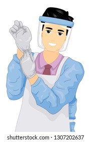 Illustration of a Man Wearing Gloves, Apron and Face Shield Getting Ready for Embalming