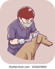 Illustration of a Man Wearing Gloves and Mask Combing Pet Dog Checking for Fleas