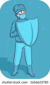 Illustration of a Man Wearing Goggles, Mask, Beanie, Jacket, Pants and Boots, Holding a Shield, a Symbol for Protection