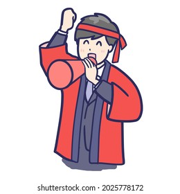 Illustration of a man wearing happi coats and holding megaphones in support
