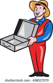 Illustration of a man wearing hat and overall standing smiling holding an empty open suitcase set inside circle on isolated backgroun done in cartoon style. 