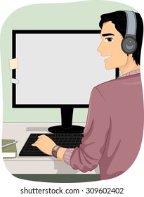 Ilustración de un hombre con audífonos mientras usa su computadora