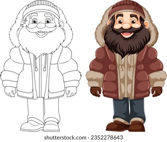 Illustration of a man wearing a hoodie, puffer jacket, winter coat, and beanie hat