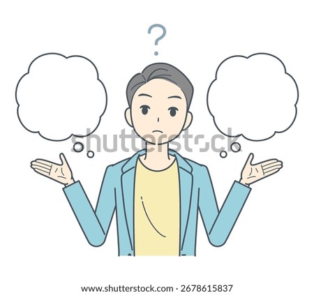An illustration of a man wearing a jacket,looking confused with a question mark above his head,torn between two choices or ideas.
