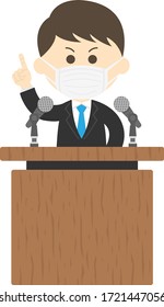 Illustration of a man wearing a mask giving a speech.