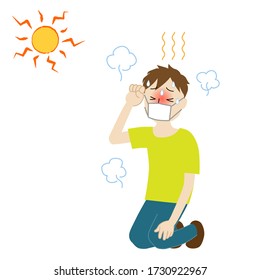 Illustration of a man wearing a mask and likely to have heat stroke 