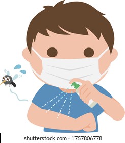 Illustration of a man wearing a mask. Men spray insect repellent to prevent mosquito bites.