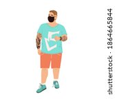 Illustration of a man wearing mask with mustache and tattoo on his arms. Male hipster model in t-shirt and shorts drawn in flat style isolated on white background. Overweight male character with tatto