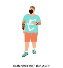 Illustration of a man wearing mask with mustache and tattoo on his arms. Male hipster model in t-shirt and shorts drawn in flat style isolated on white background. Overweight male character with tatto