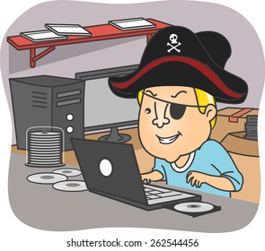 Illustration Of A Man Wearing A Pirate Hat Illegal Downloading Files From The Internet