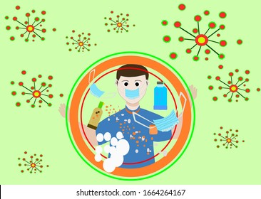 Illustration of a man is wearing protective medical mask , washing hands with liquid soap and gel. Concept for prevention and protection from Covid-19 outbreak , corona virus