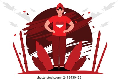 illustration of a man wearing a red and white heart shirt, a strong illustration with a high spirit of nationalism and full of enthusiasm. concept illustration of Indonesian Independence Day vector