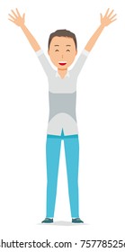 Illustration of a man wearing a short-sleeved shirt raising his hands