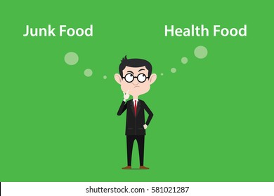 illustration of a man wearing spectacles confuse to make decision between eating junk food or health food