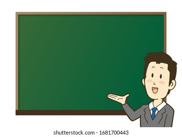 Illustration of a man wearing a suit in front of blackboard. Vector illustration on white background.