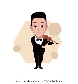 
illustration of a man wearing a suit playing a violi instrument depicting him as being part of an orchestra. Vector cartoons that can be used for caricature or mascot templates with plain backgrounds