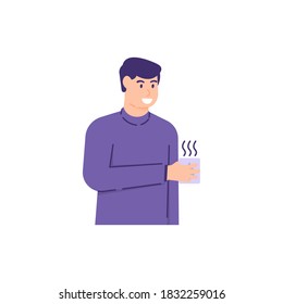 illustration of man wearing sweater and holding a cup of coffee to drink. people are cold and wear warm clothes. activity in winter. flat style. design elements.