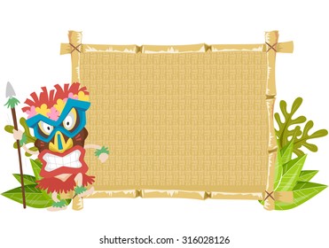 Illustration of a Man Wearing a Tiki Mask Standing Beside a Bamboo Banner
